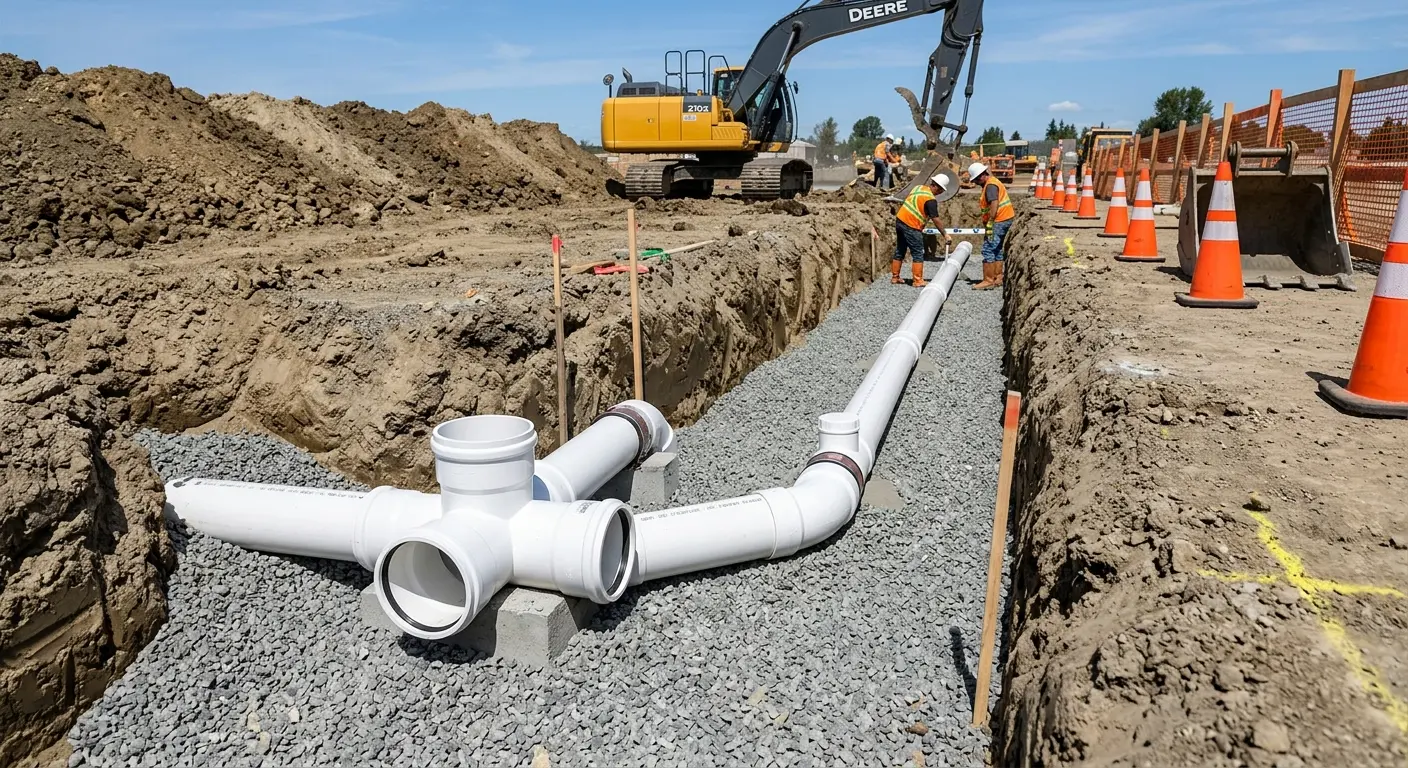 New PVC sewer pipe installation in open trench for Commercial Drain Cleaning in Kentwood