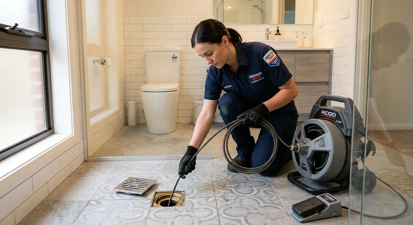Technician clearing a bathroom floor drain for Sewer Line Replacement in Kentwood